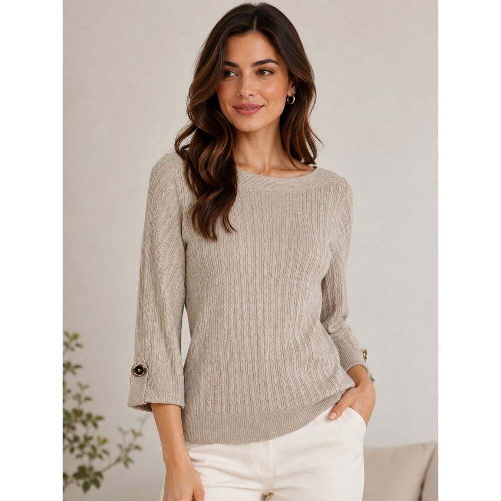 KAREN SCOTT Cream 100% Cotton Knit Sweater Button Sleeve Detail S